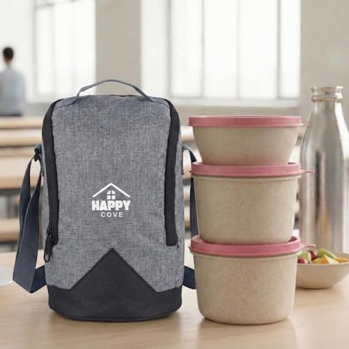 Image of Happy Cove Eco Friendly Lunch Box for Office Use | Biocomposite Wheat Straw, Rice Husk & Bamboo Fibre | 3 Pink Containers with Grey Lunch Bag | Microwave & Oven Safe | Unbreakable Tiffin Box for Men