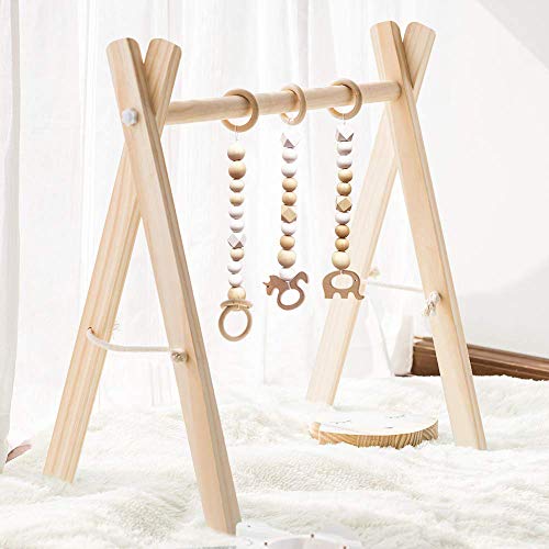 HAN-MM Wooden Baby Gym with 3 Wooden Baby Teething Toys Foldable Baby Play