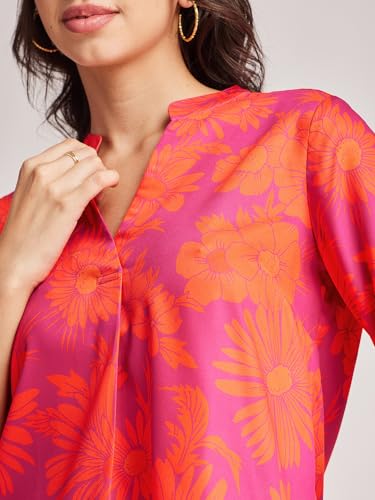 Image of FableStreet Women Shirt Work & Casual | Relaxed Fit Mandarin V-Neck Three-Quarter Sleeves Solid Pattern | Breathable Woven Fabric for Office & Everyday Wear