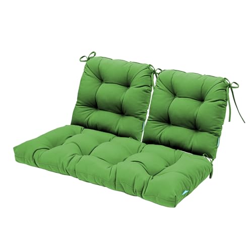 Image of QILLOWAY Outdoor Patio Cushions Set of 3, Wicker Furniture Cushions with Ties, Waterproof Loveseat & Seat Cushions for Patio Bench, Porch Chair, Outdoor Replacement Cushions, Green