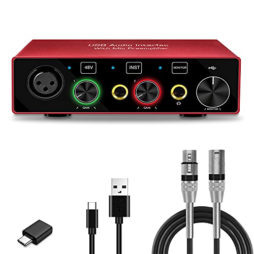 USB Audio Interface, XLR Audio Interface 48V Phantom Power, Support Guitar, No Download Bundled Software is Compatible with Most DAW (Audio Interface with XLR Cable)