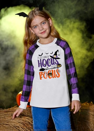 Image of BesserBay Girls Halloween Funny Plaid Graphic Shirt Long Sleeve Spooky Patchwork Raglan Top 5-14 Years