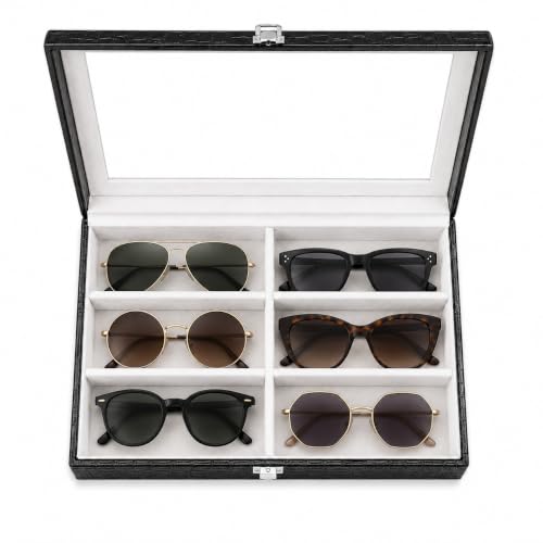 Image of La Trove 6 Slot Sunglasses Organizer Box, Glass Lid Eyewear Storage - Black