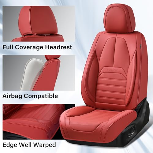 Image of Coverado Car Seat Covers Full Set, Red Seat Covers for Cars, Automotive Seat Covers, Waterproof Nappa Leather Front Seats and Back Car Seat Protector, Universal Fit for Most Cars SUV Trucks