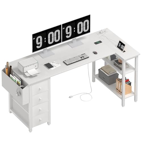 Lufeiya White L Shaped Computer Desk with Drawers & Storage Shelves, 63 Inch Reversible Corner Desk with Power Outlet for Home Office Bedroom, L-Shaped Teen PC Desks with Fabric Drawer, White