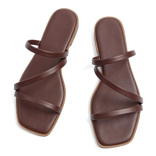 Image of LACUONE Strappy Flat Sandals For Women Slip On Square Open Toe Slides Sandals