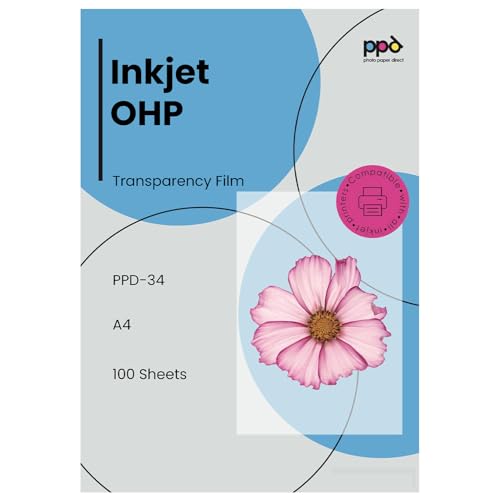 PPD Inkjet - A4 x 100 Hojas de Transparencias “OHP” Premium para Retroproyector - Láminas de Acetato Transparente - Para Impresión de Inyección de Tinta - PPD-34-100