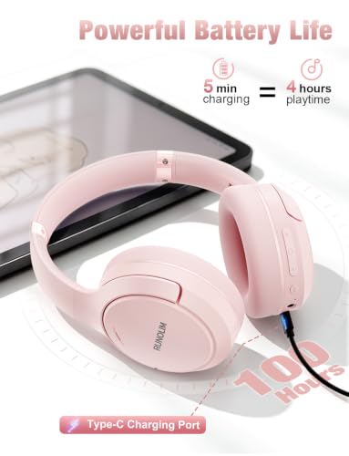 Image of RUNOLIM Hybrid Active Noise Cancelling Headphones, Wireless Over Ear Bluetooth Headphones with Microphone, 100H Playtime, Foldable Headphone with HiFi Audio, Deep Bass for Home Travel Office(Pink)