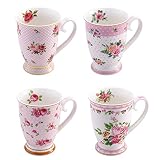 PULCHRITUDIE Porcelain Coffee Mug, Tea Mugs Set, Pink Floral Collection, Set of Four