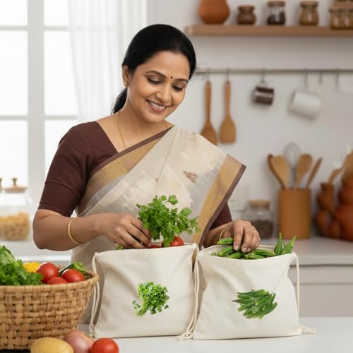 Image of Cotton Vegetable Bags for Fridge | Reusable Vegetable Storage Bags | Breathable Cloth Vegetable Cover | Eco Friendly Fridge Organizer | 12x12 Inch | Pack of 10 (DRAWSTRINGS CLOSER PACK OF 10)