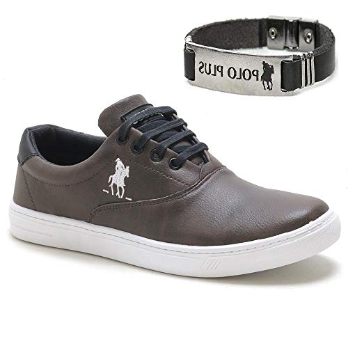 Kit Tênis Casual Polo Sapatênis Masculino Confort + Pulseira Cor:Marrom;Tamanho:43