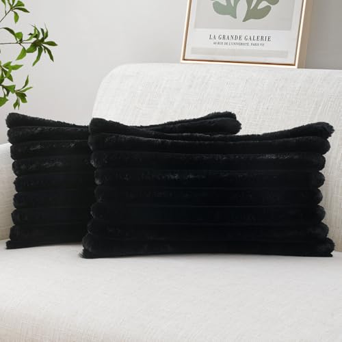 Image of MIULEE Faux Fur Lumbar Decorative Throw Pillow Covers 12x20 Inch Set of 2, French Modern Art Home Decor Soft Plush Couch Pillows Cozy Fluffy Cushion Covers for Sofa Bed Black