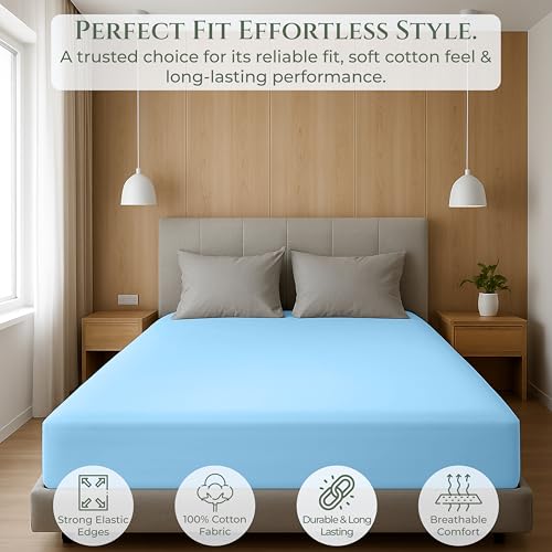 Image of Royale Linens 100% Organic Cotton King Fitted Sheet Only - Percale Weave - Super Soft Deep Pocket Bottom Sheets - Lake Blue Elastic Sheet - King Size Fitted Sheets Only - (78 inchx80 inch+15 inch, Lake Blue)