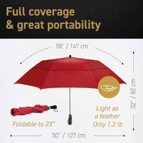 Eez-Y Golf Umbrella - 58 Inch Windproof Rain Umbrellas W/Double Canopy - Compact, Portable & Break Resistant For Travel – Burgundy #TOP1