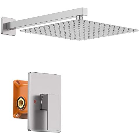 KOJOX Shower system, Rain Shower Head with shower valve Shower Set Combo with Trim Kit (Brushed Nickel) Cover