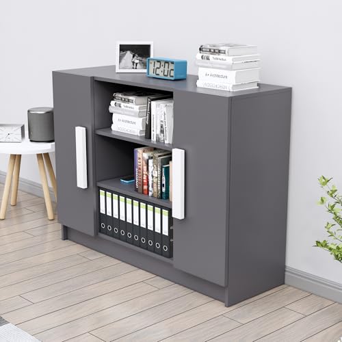 Image of Bniture Storage Cabinet Wooden Sideboard for Living Room with 3 Shelf and 2 Door | Multipurpose Book Shelf Storage Organizer Cabinet for Office Home Hallway Drawing Room Bedroom | Slate Grey