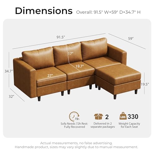 Image of ABCASA Faux Leather Modular Sectional Sofa, 91.5 inch L Shaped Couch Set for Living Room, 3-Seater Comfy Cloud Couches with Movable Storage Ottoman,DIY Combination - Brown