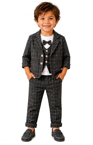 Image of Bold N Elegant Plaid Checks Print Boys 3 Piece Party Suit Coat with Waistcoat Bow Attached T-shirt and Trouser Pant Dress Clothing Set for Infant Toddler Boys