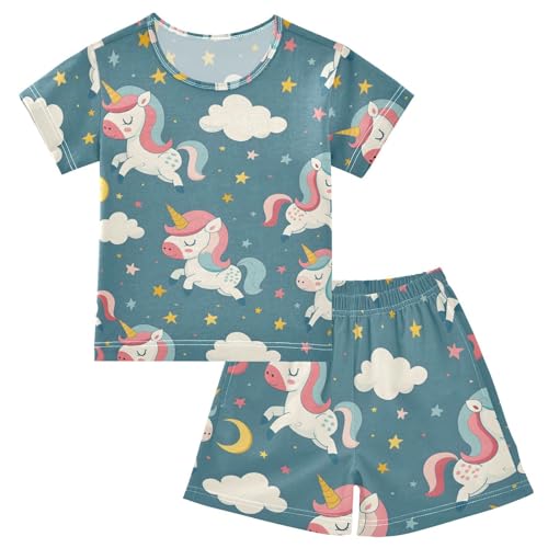 ALAZA Cartoon Sweet Unicorn Blue Pajamas Short Sleeve 2 Piece Sleepwear Top and Bottom Pajama Set Unisex