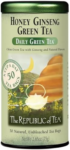 The Republic of Tea Daily Green Honey Ginseng Green Tea, 50 Count | Low Caffeine. A gentle cup for everyday sipping. Fresh with light vegetal notes. Gluten Free and Carb Free.