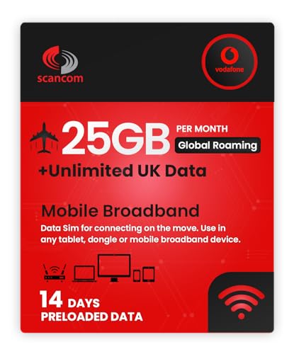 Vodafone Global Roaming Data Sim - 25GB Roaming Data in Europe & USA + Unlimited UK Data - Perfect for unlocked Phones and Wifi Routers - Activate when you receive the SIM (14 Days)