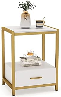 Tribesigns 25 inch Tall Gold Nightstands with Drawers and Storage Shelf, Modern Bedside Table End Table Side Table for Bedroom, Living Room (1 pc, Gold and White)