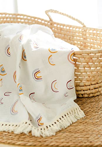 Chungel Cotton Baby Muslin Tassles 40"X 47", Baby Receiving Blanket With Fringe, Boho Muslin Swaddle Blanket With Fringe - Rainbow #TOP4