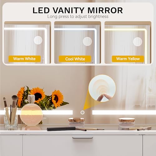 DWVO Vanity Desk Set with Mirror & Power Outlets, Vanity Table with 3 Dimmable Light Colors, 10 Drawers, Hair Dryer Rack – Modern Makeup Table with Hidden Storage Stool