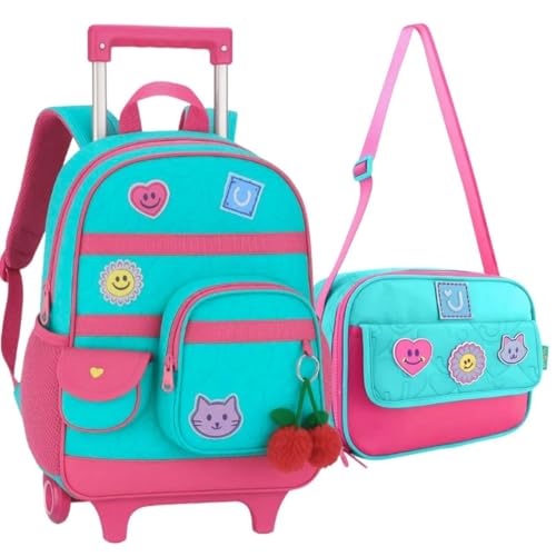Juju Mochila Escolar de Rodinhas com Lancheira Térmica, Conjunto Infantil com Alça Telescópica, Bolsos Organizadores, Material Resistente, P/Meninas (Verde)