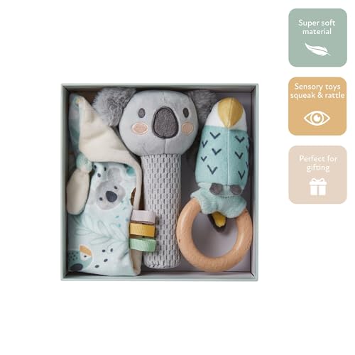Nuby Animal Adventures Baby Gift Set – 3-Piece Keepsake | Comforter, Squeaker & Rattle | Box Included | Suitable from Birth, Multicolour, One Size