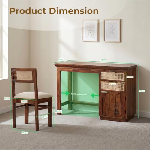 Image of NSH Solid Sheesham Wood Study Table with Chair | Wooden Writing Desk with Drawer & Door Storage | Pre-Assembled Computer Desk Workstation for Home Office & Study Room | Honey Finish