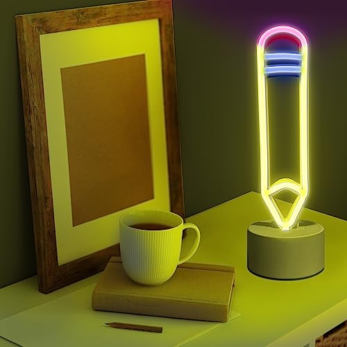 Lumoonosity Pencil Led Neon Signs - Cute Desk/Table Lamp With Stand For Bedroom, Study Room, Game Room - Usb/Battery Powered Pencil Neon Lights - Perfect Birthday Gift For Girls, Boys, Teens, Adults #TOP1