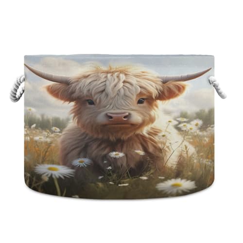 Round Cute Baby Highland Cow Yak Long Horns Daisy Storage Basket Large Organizer Bin Laundry Hamper Toy Storage Basket with Handle for Nursery Clothes Toys 202b4829