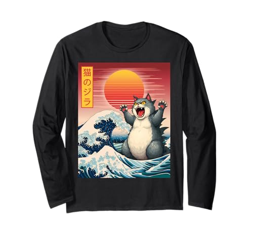 Catzilla Divertente Gatto Gigante Mostro Kaiju Arte Giapponese Neko Maglia a Manica