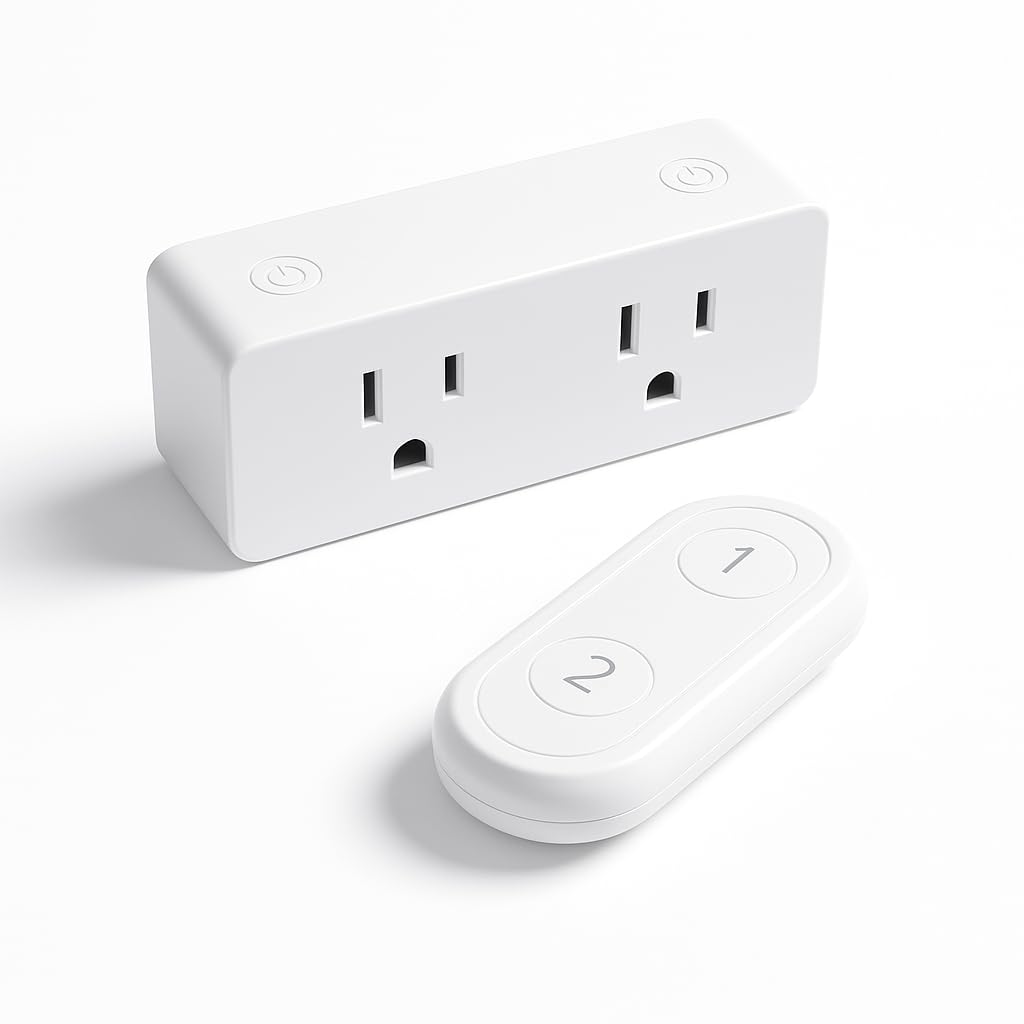 Remote Control Outlet with 2 Independent Sockets & Wireless Light Switch, for Home Appliances (Lamps, Holiday Lights, Fan), Wall Holder & Battery Included, 100FT Range, 15A/1800W