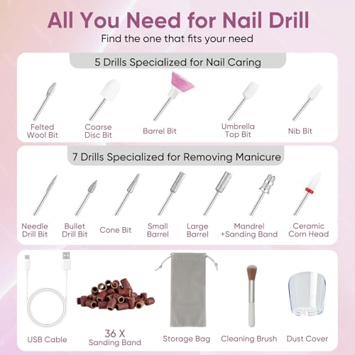 Oukzon Nagelfräser Kabellos, 13 in 1 Elektrische Nagelfeile Fräser für Gelnägel, Nagelfräser für Gelnägel 25000 U/Min, USB Wiederaufladbare Maniküre Set Elektrisch, 5 Gear Electric Nail Drill