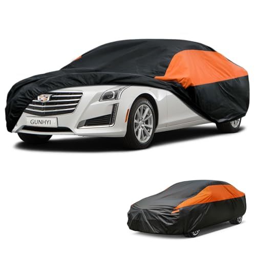 Image of GUNHYI Waterproof Sedan Full Car Cover Custom Fit Cadillac CTS (2015-2019) | All‑weather Outdoor sun /rain /dust /snow /wind /UV protection, breathable lightweight fabric, black‑orange design,storage bag