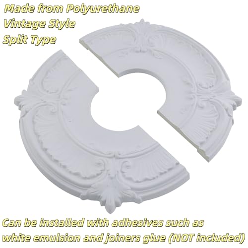 Image of PU Ceiling Medallions 2Pcs, 13.1 Inches x 3.38 Inches, White | Split Type, Paintable, Fits 3.38 Inches Canopy, European Vintage Carving Style, Made of Synthetic Foam