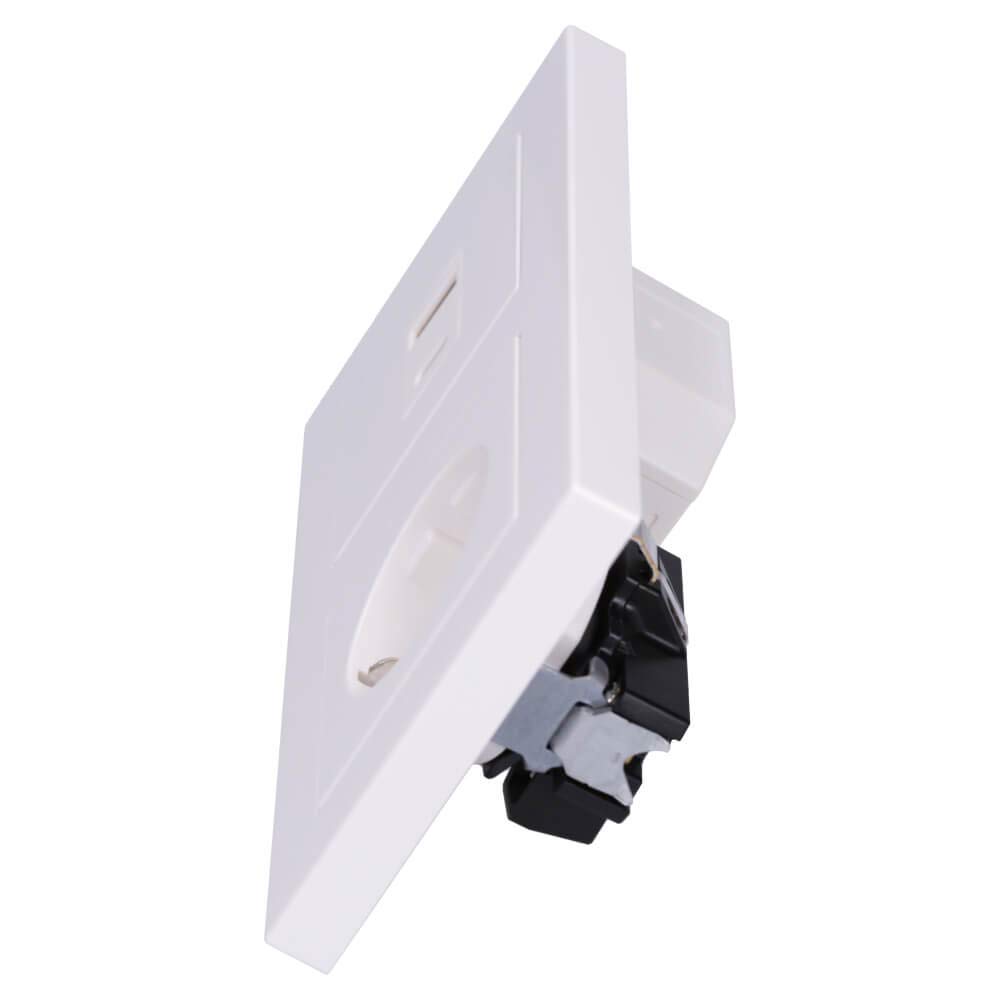 Jung USB-Ladegerät USB15CAWW Komplett-Set mit 2 USB-Buchsen Ports: 1× USB Typ A, 1 ×Typ C (max. 3A) mit Abdeckung A1569USBWW, SCHUKO Steckdose A1520KIWW und 2-fach Rahmen A5582BFWW Alpinweiß Serie A