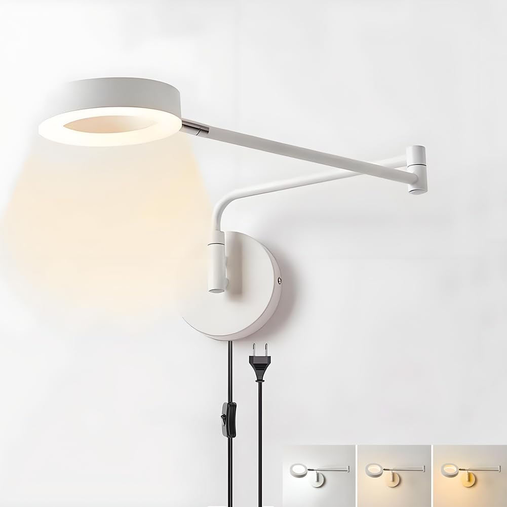 AoLa LED Schwenkarm Wandleuchte mit Schalter und Kabel Verstellbar Wandlampe lnnen 3 Farbtemperaturen 3000K/4500K/6000K Wand Leselampe Modern Swing Arm Nachttischlampe für Wohnzimmer Schlafzimmer