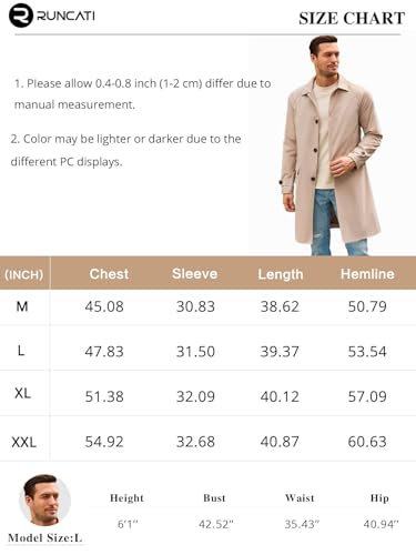Runcati Mens Trench Coat Slim Fit Single Breasted Long Windbreaker Jacket Classic Lapel Casual Overcoat thumb #5
