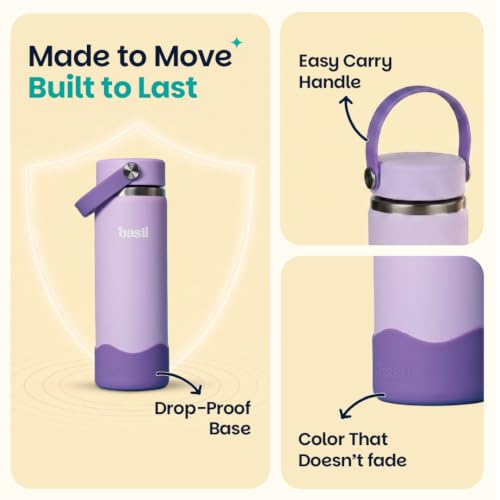Image of Basil HydraRush Stainless Steel Insulated Kids Water Bottle for School, 600ml Leakproof Bottle with Carry Handle, Double Wall Vacuum Thermosteel Bottle for Sports, Travel & Outdoor Use | Classic Lilac