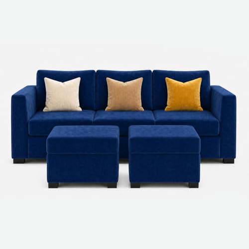 Image of FURNY Revona 5 Seater L Shape Sofa Set with 2 Movable Ottoman | Flexible Left or Right Layout | Plush Velvet Fabric (Dark Blue) | Perfect for Living Room, Guest Room & Office
