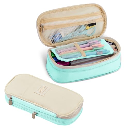 Image of Sonuimy Large Capacity Pencil Case Pouch with Zipper, Portable Aesthetic Cute Big Capacity Pencil Cases Pen Office Travel Stationery Makeup Bag, Desk Organizer for College Adults Women Men- Cyan