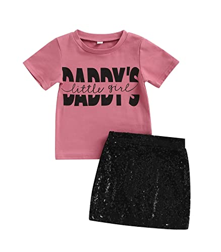Baby Girl Clothes Set Toddler Girls Short Sleeve Letter Top+Shiny Sequins Skirt Summer Clothing (Pink Black , 3-4 Years ) #TOP14