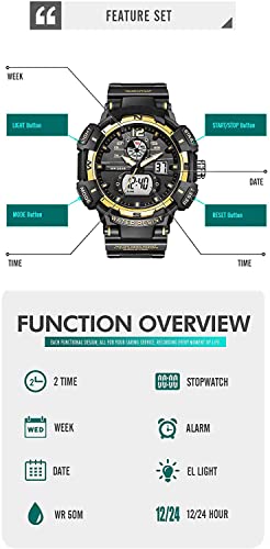 FANMIS Mens Analog Digital Sports Watch Large Face Outdoor Sports Waterproof Military Wrist Watches with Date Multifunction Tactics LED Army Stopwatch (Gold)
