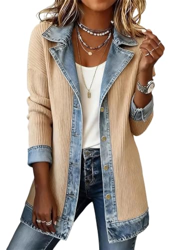 ebossy Women's Denim Patchwork Knit Sweater Blazer with Pockets (Medium, Khaki)