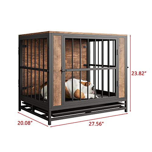 Dog Crate Furniture, Metal And Wooden Dog Crate, Dog Kennels With 3 Doors Indoor, Pet Puppy Crate End Table For Medium/Small Dog, Heavy Duty Dog House, Rustic Brown And Black #TOP2