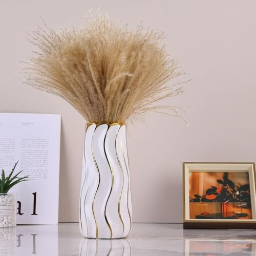 Vase en céramique blanche et dorée 24 cm pour pampas et décoration moderne - 4