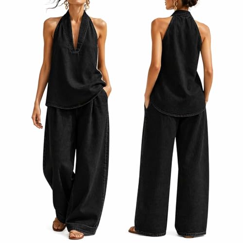 jjnz Cozy Minimalist Two-Piece Denim Set,Women Halter Neck Sleeveless Top